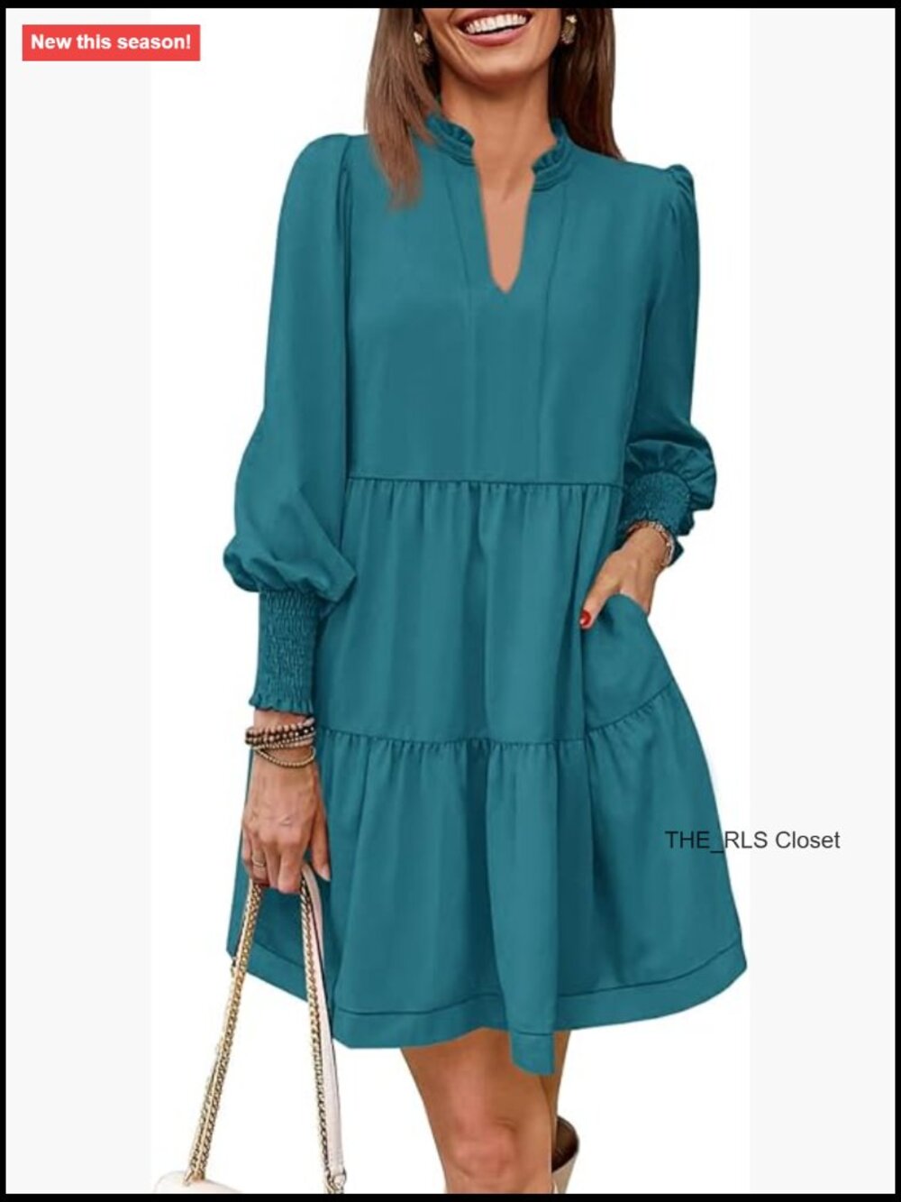 Long Sleeve Tunic Dress V Neck Loose Ruffle Tiered Casual Polyester
